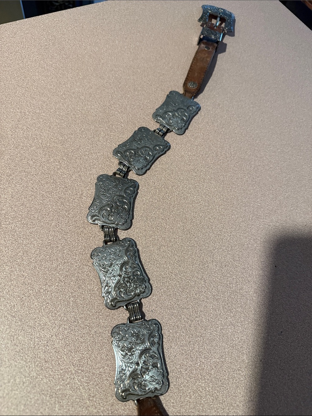 Vintage Ornate Silver-Tone Concho Belt with Brown Leather